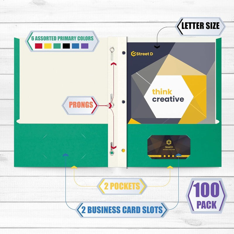 A Box of 100 Assorted Primary Color Letter-Sized Paper Portfolios with Fasteners, Featuring Modern Two-Pocket Designs.