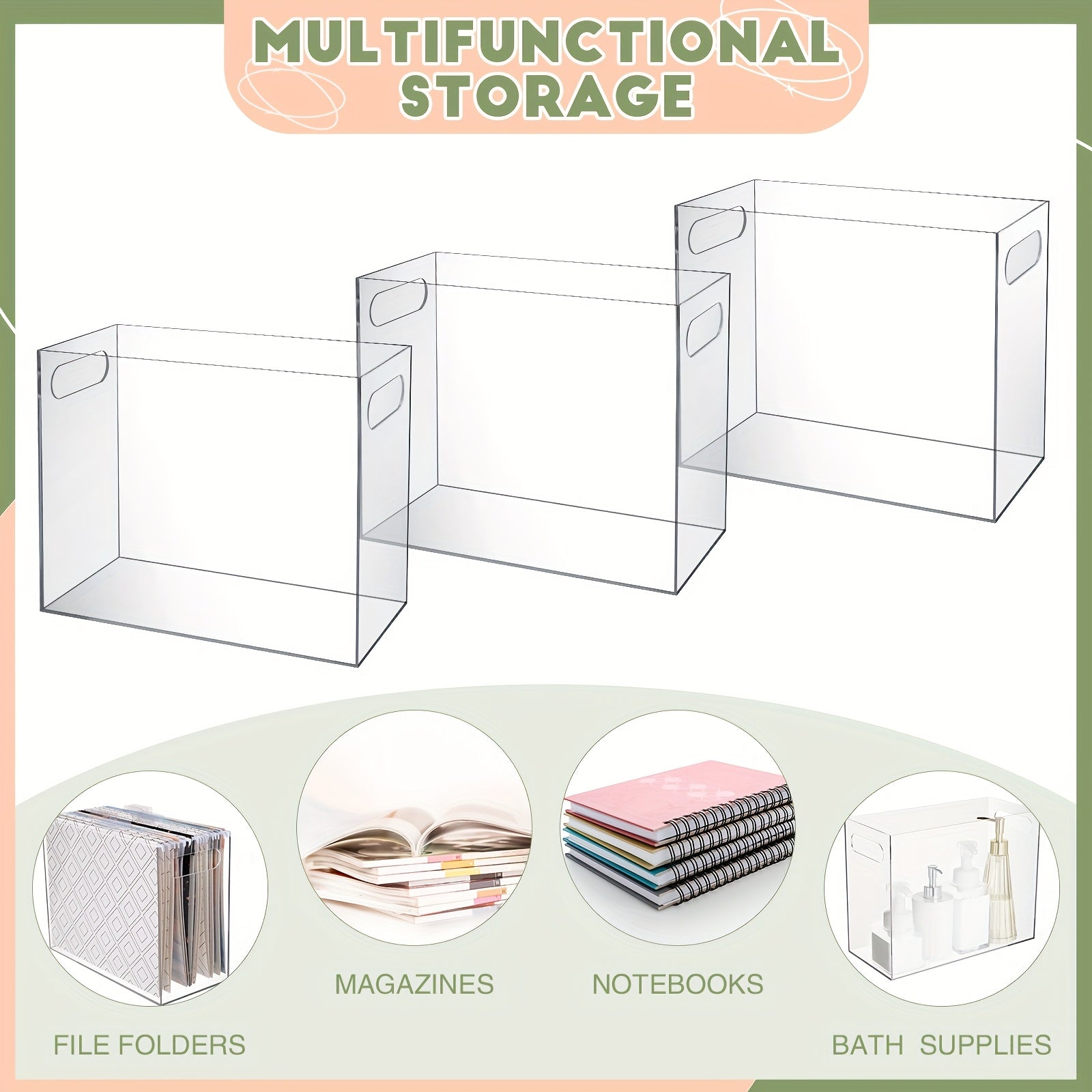 3pcs Heavy-Duty Clear Acrylic File Organizer Box with Hanging Handle & Desktop File Folder Storage Suitable for Office, Home, School, Letter Size Filing System, Capacity for Hanging or Tabletop Use, Filing Cabinet