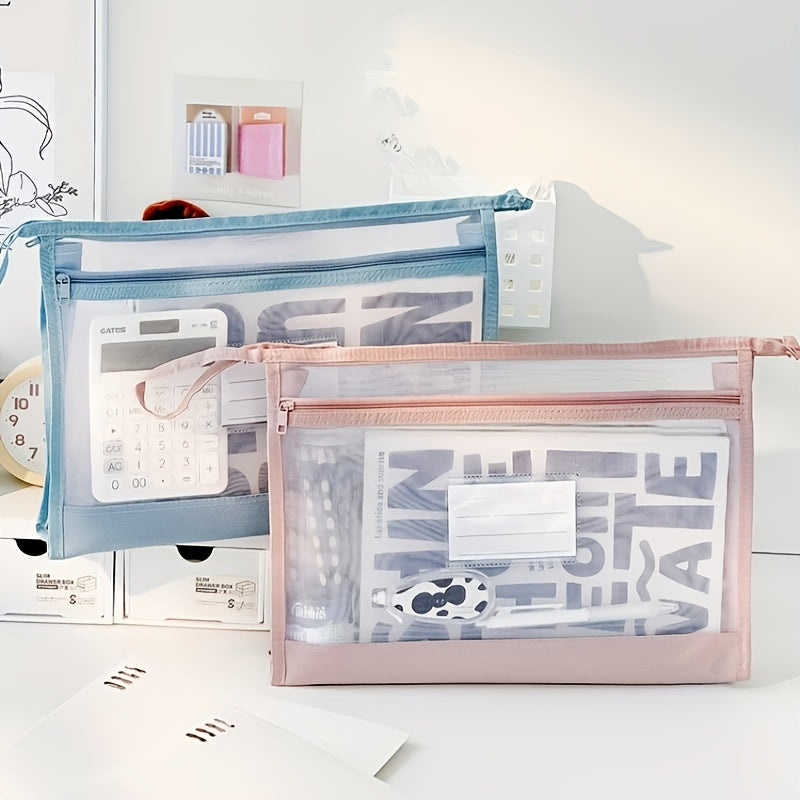 4pcs Large Capacity A4 Clear Mesh File Organizer • Spacious and Portable Document Storage Bag • Multi-Layer Compartments, Full Zipper Closure • Clear Label Slot, Hanging Handle • Business Meeting File Folder, Student Homework Bag