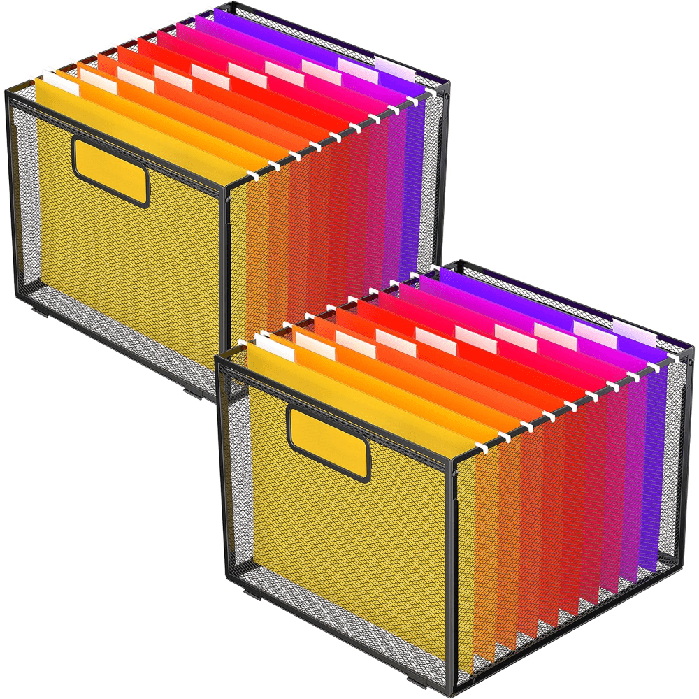 DALTACK Storage File Boxes, Mesh Box with 5 Grey Hanging File Folders, Letter-Size Desk File Organizer, Folder Sorter for Office, Home Use, Large, Black