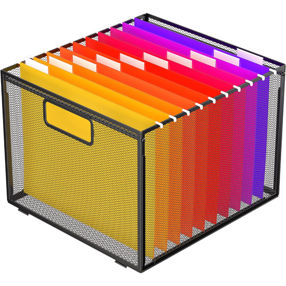 DALTACK Storage File Boxes, Mesh Box with 5 Grey Hanging File Folders, Letter-Size Desk File Organizer, Folder Sorter for Office, Home Use, Large, Black