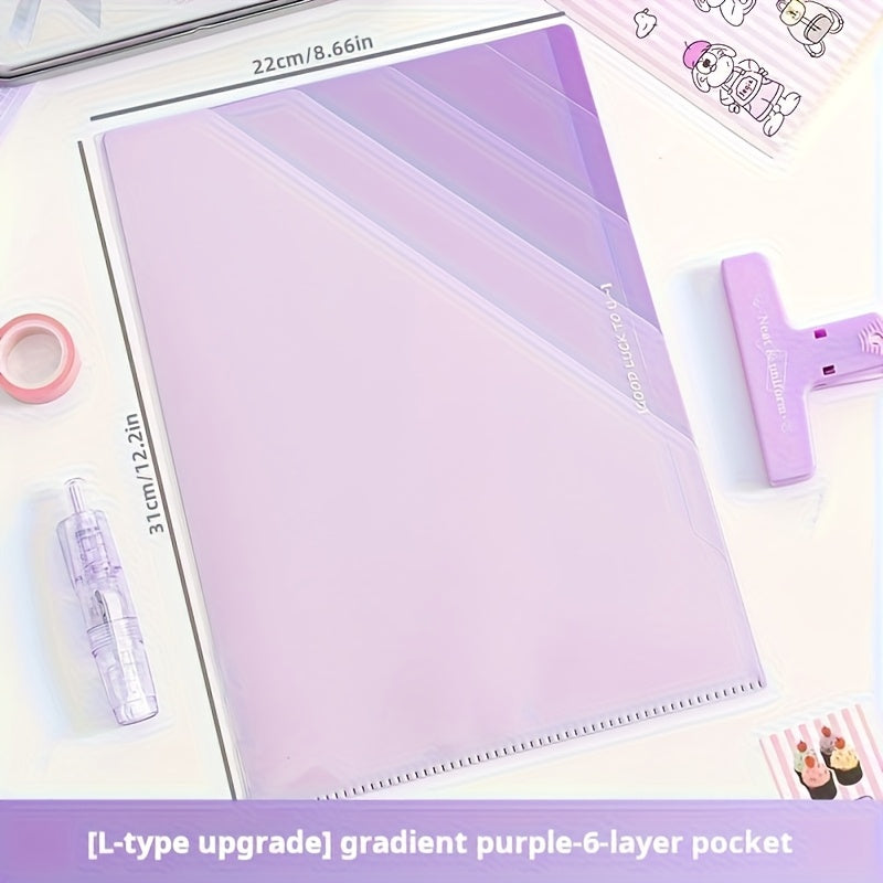 6-Layer | Gradient 6-Layer Transparent L-Shaped Folder | Gradient Green, Blue, Purple | A4 Subject Dividers, School Supplies, Durable Plastic Organizer with Label Space