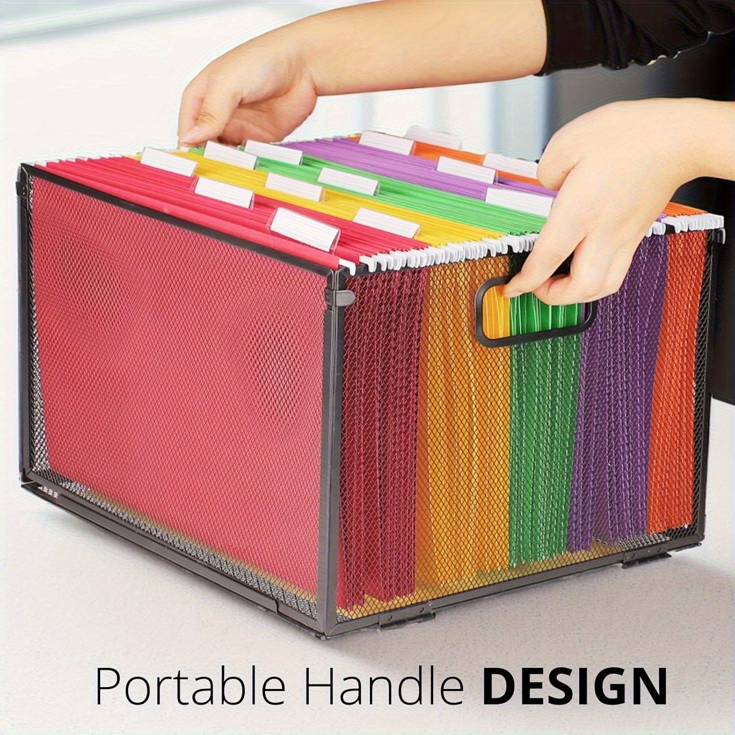 DALTACK Storage File Boxes, Mesh Box with 5 Grey Hanging File Folders, Letter-Size Desk File Organizer, Folder Sorter for Office, Home Use, Large, Black