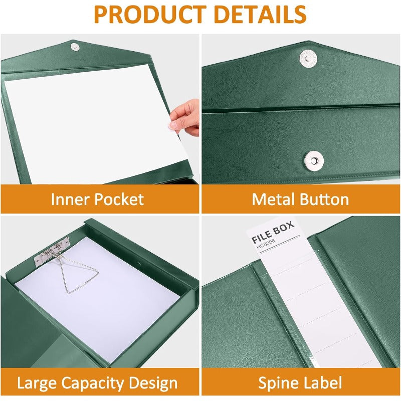 HUA JIE A4 Storage File Boxes Plastic Archives Cases with Clip PVC File Folder Organizer Document Storage Filing Box for Office 32.5×6.5×24 cm Green Pack of 6