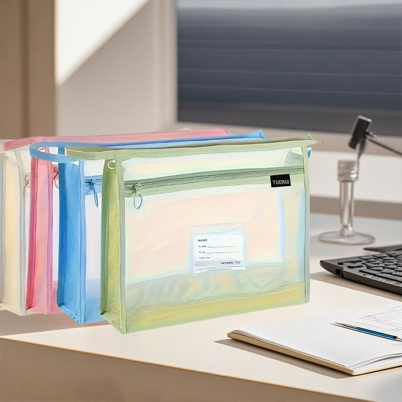 4pcs Large Capacity A4 Clear Mesh File Organizer • Spacious and Portable Document Storage Bag • Multi-Layer Compartments, Full Zipper Closure • Clear Label Slot, Hanging Handle • Business Meeting File Folder, Student Homework Bag