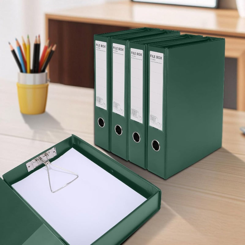 HUA JIE A4 Storage File Boxes Plastic Archives Cases with Clip PVC File Folder Organizer Document Storage Filing Box for Office 32.5×6.5×24 cm Green Pack of 6
