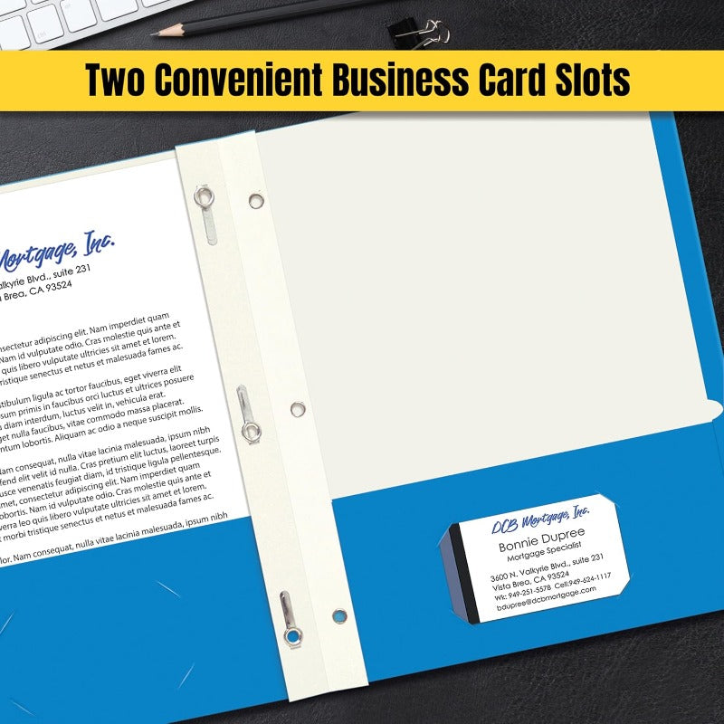 A Box of 100 Assorted Primary Color Letter-Sized Paper Portfolios with Fasteners, Featuring Modern Two-Pocket Designs.