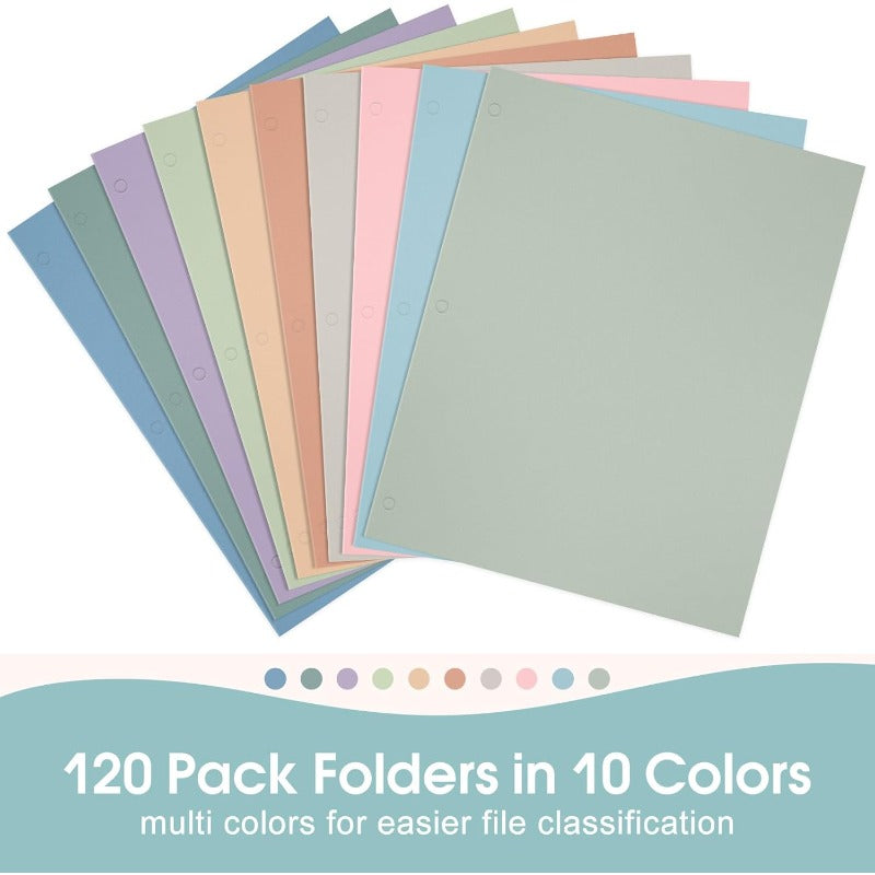 120 Pack Bulk Pastel Folders with Pockets - 2-Pocket Letter Size Binder Filing System, 10 Assorted Colors (Pink, Blue, Mint, Lavender, Beige, Grey, Green, Peach,, White) | 3-Hole Punch, Business Card Slot & Heavy-Duty