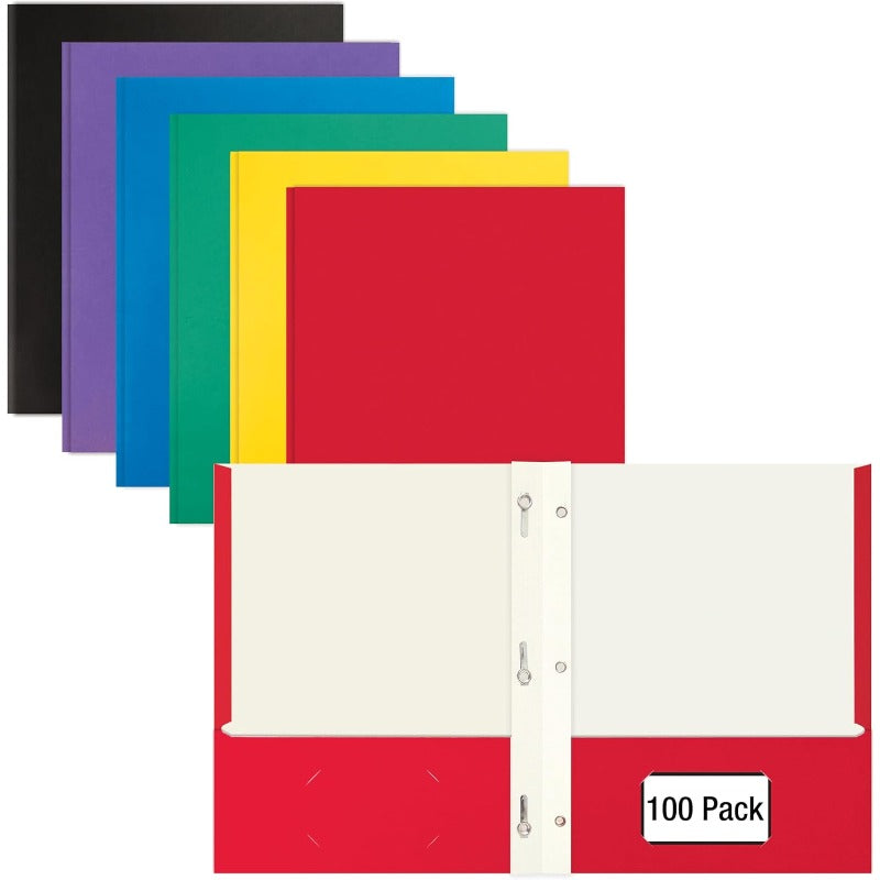 A Box of 100 Assorted Primary Color Letter-Sized Paper Portfolios with Fasteners, Featuring Modern Two-Pocket Designs.