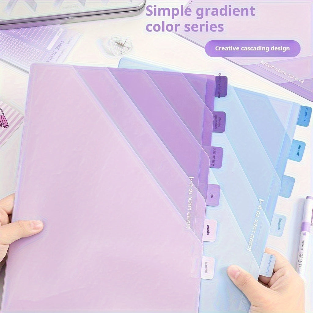 6-Layer | Gradient 6-Layer Transparent L-Shaped Folder | Gradient Green, Blue, Purple | A4 Subject Dividers, School Supplies, Durable Plastic Organizer with Label Space