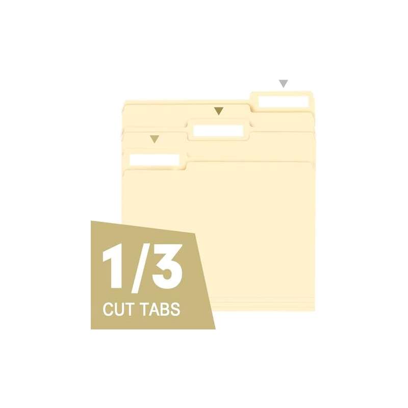 100 Pack 1 3 Cut Tab File Folders Letter Size | Manila Folders with Tab, PVC Material, Great for Organizing and Easy File Storage