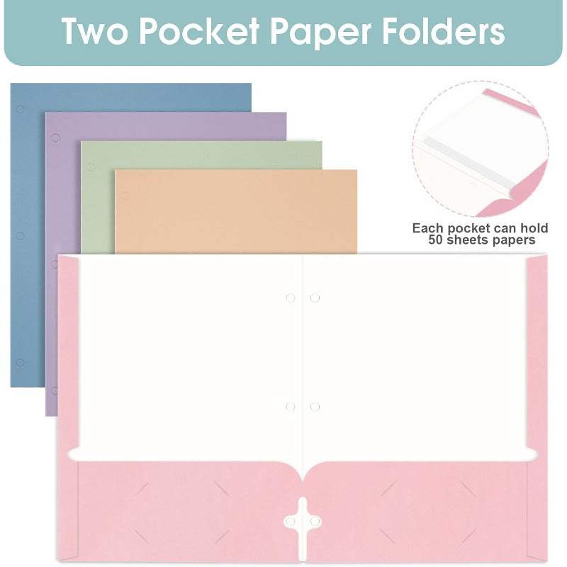 120 Pack Bulk Pastel Folders with Pockets - 2-Pocket Letter Size Binder Filing System, 10 Assorted Colors (Pink, Blue, Mint, Lavender, Beige, Grey, Green, Peach,, White) | 3-Hole Punch, Business Card Slot & Heavy-Duty