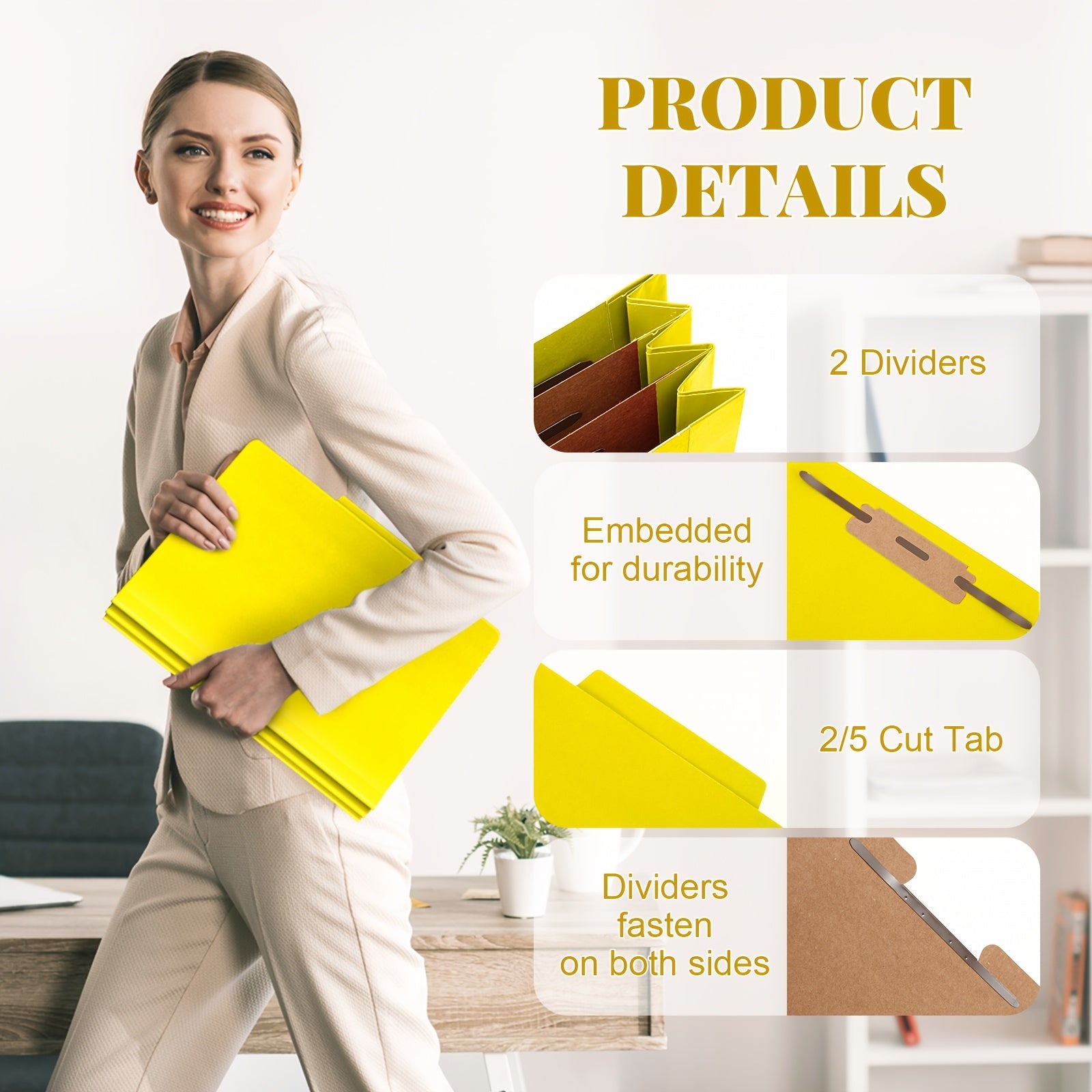 48pcs Heavy-Duty Expandable File Organizer with 2 Dividers & Clips - Color-Coded Cardboard Letter Size File Folders, Expandable 3.5-inch for Office, Medical, - Compatible for Teachers, for Staff (Yellow)