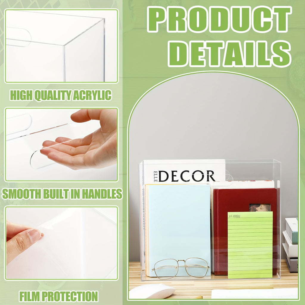 2-Pack Acrylic File Organizer Boxes with Handles - Transparent Plastic Rectangle Storage Containers for Letter Size\u002FA4 Folders, Papers, Books - Home Office Cabinet Shelf Organization