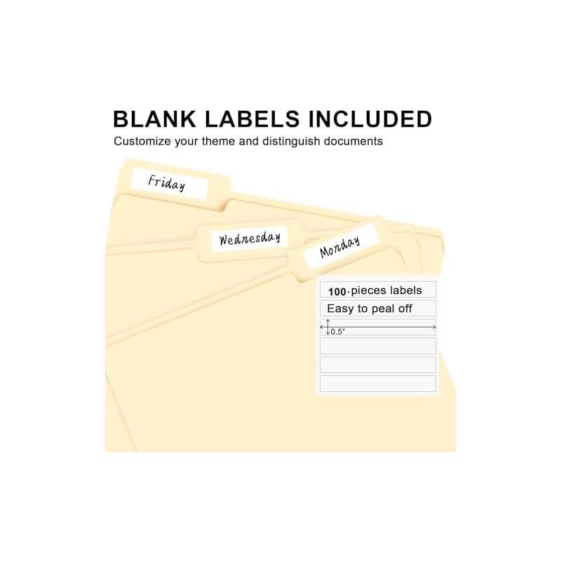 100 Pack 1 3 Cut Tab File Folders Letter Size | Manila Folders with Tab, PVC Material, Great for Organizing and Easy File Storage