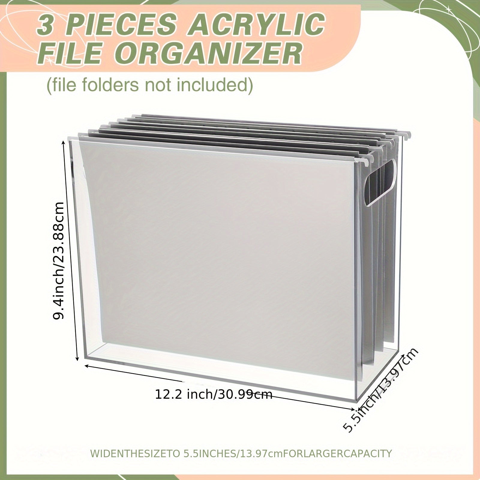 3pcs Heavy-Duty Clear Acrylic File Organizer Box with Hanging Handle & Desktop File Folder Storage Suitable for Office, Home, School, Letter Size Filing System, Capacity for Hanging or Tabletop Use, Filing Cabinet