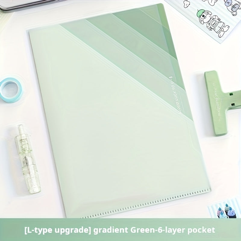 6-Layer | Gradient 6-Layer Transparent L-Shaped Folder | Gradient Green, Blue, Purple | A4 Subject Dividers, School Supplies, Durable Plastic Organizer with Label Space