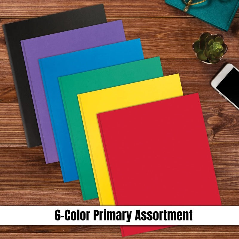 A Box of 100 Assorted Primary Color Letter-Sized Paper Portfolios with Fasteners, Featuring Modern Two-Pocket Designs.