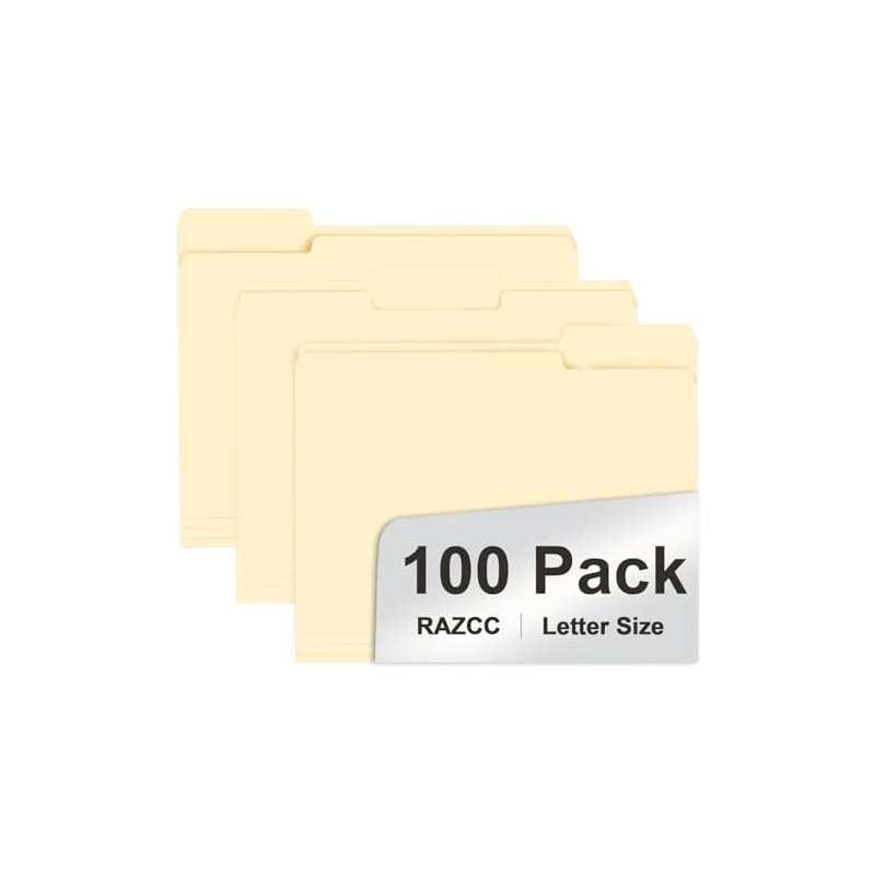 100 Pack 1 3 Cut Tab File Folders Letter Size | Manila Folders with Tab, PVC Material, Great for Organizing and Easy File Storage