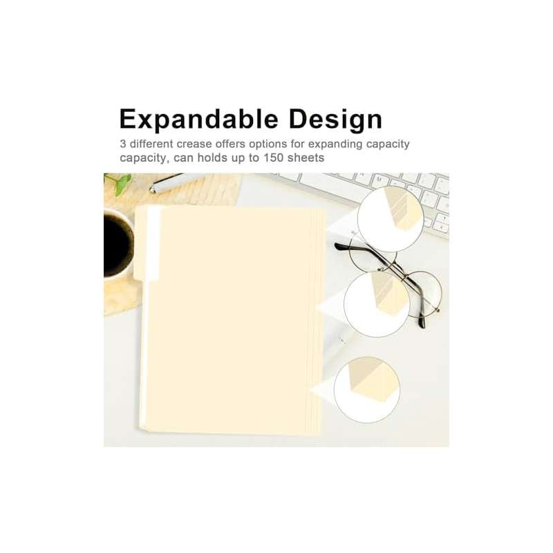 100 Pack 1 3 Cut Tab File Folders Letter Size | Manila Folders with Tab, PVC Material, Great for Organizing and Easy File Storage