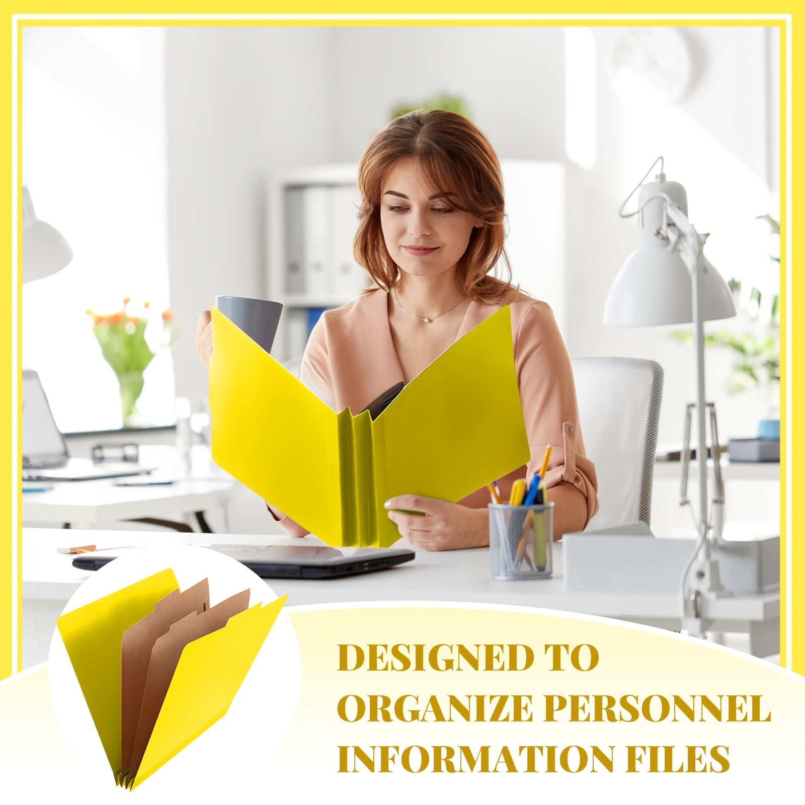 48pcs Heavy-Duty Expandable File Organizer with 2 Dividers & Clips - Color-Coded Cardboard Letter Size File Folders, Expandable 3.5-inch for Office, Medical, - Compatible for Teachers, for Staff (Yellow)