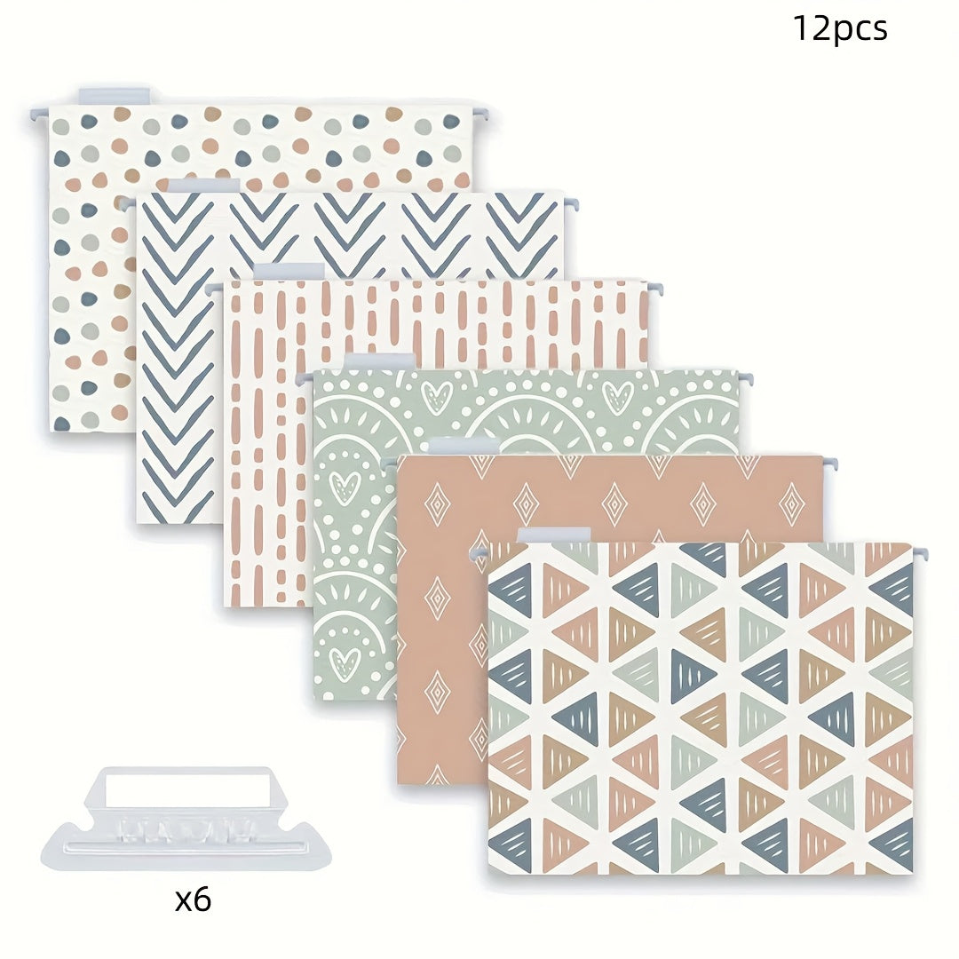 Boho-Chic Hanging File Folders 12pcs Boho-Chic Hanging File Folder Set | with Label Clips - Perfect for Office Organization and Document Sorting