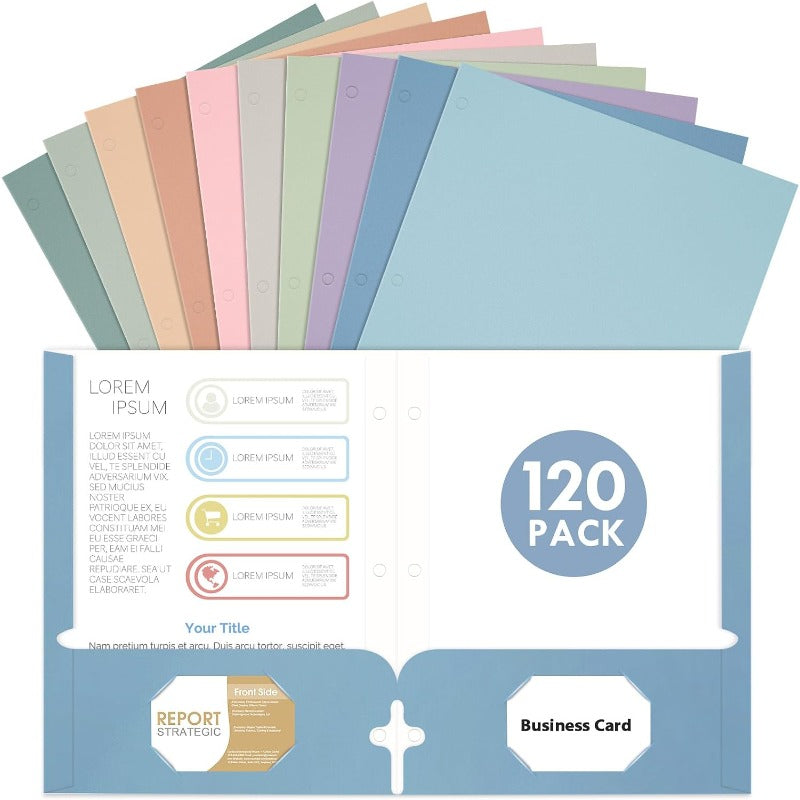 120 Pack Bulk Pastel Folders with Pockets - 2-Pocket Letter Size Binder Filing System, 10 Assorted Colors (Pink, Blue, Mint, Lavender, Beige, Grey, Green, Peach,, White) | 3-Hole Punch, Business Card Slot & Heavy-Duty