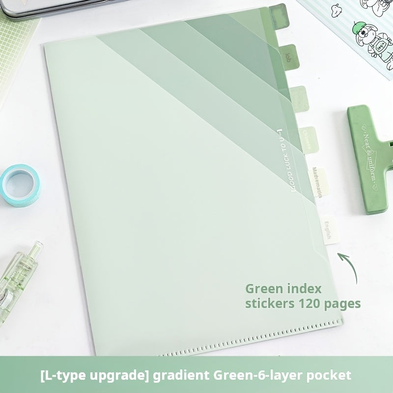 6-Layer | Gradient 6-Layer Transparent L-Shaped Folder | Gradient Green, Blue, Purple | A4 Subject Dividers, School Supplies, Durable Plastic Organizer with Label Space