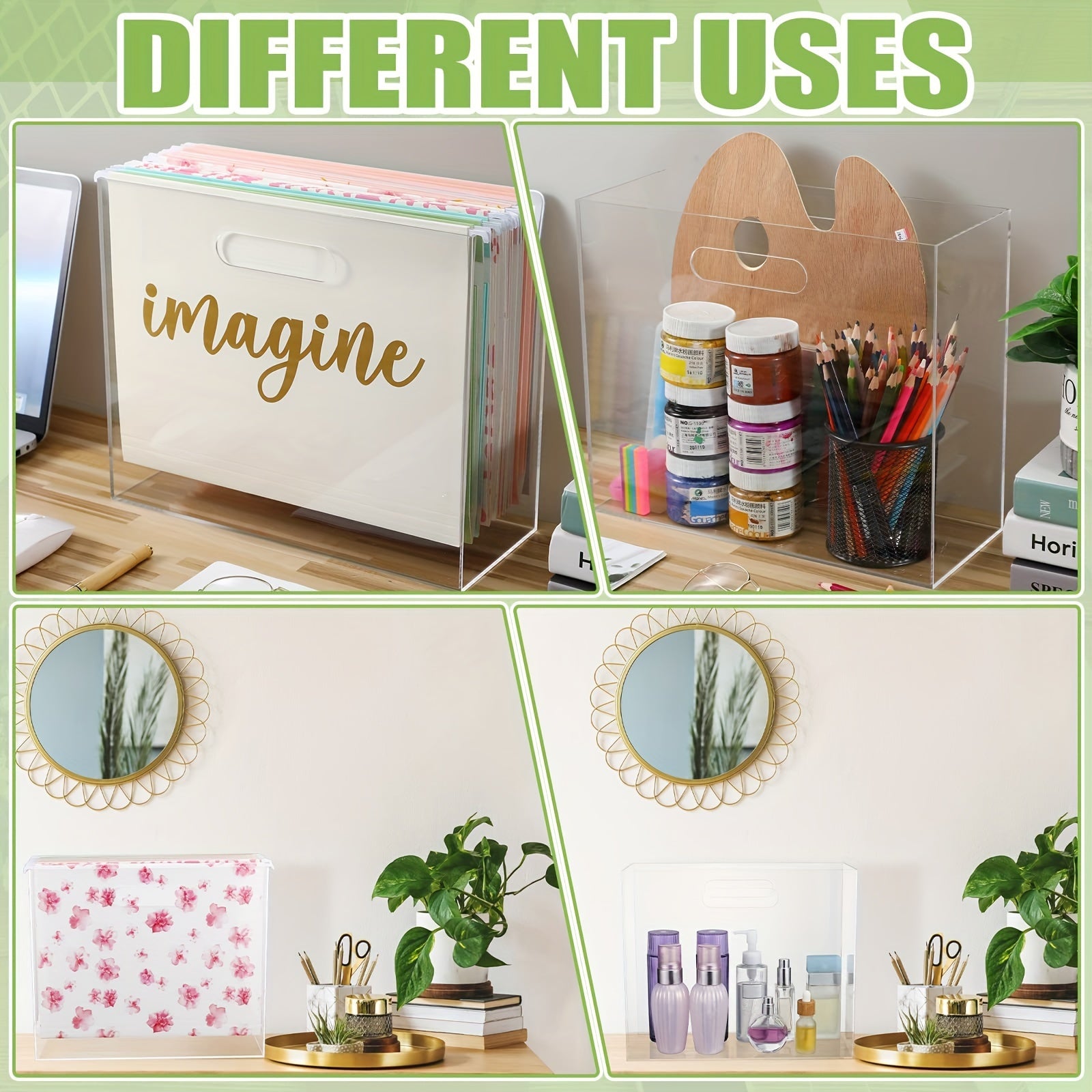 2-Pack Acrylic File Organizer Boxes with Handles - Transparent Plastic Rectangle Storage Containers for Letter Size\u002FA4 Folders, Papers, Books - Home Office Cabinet Shelf Organization